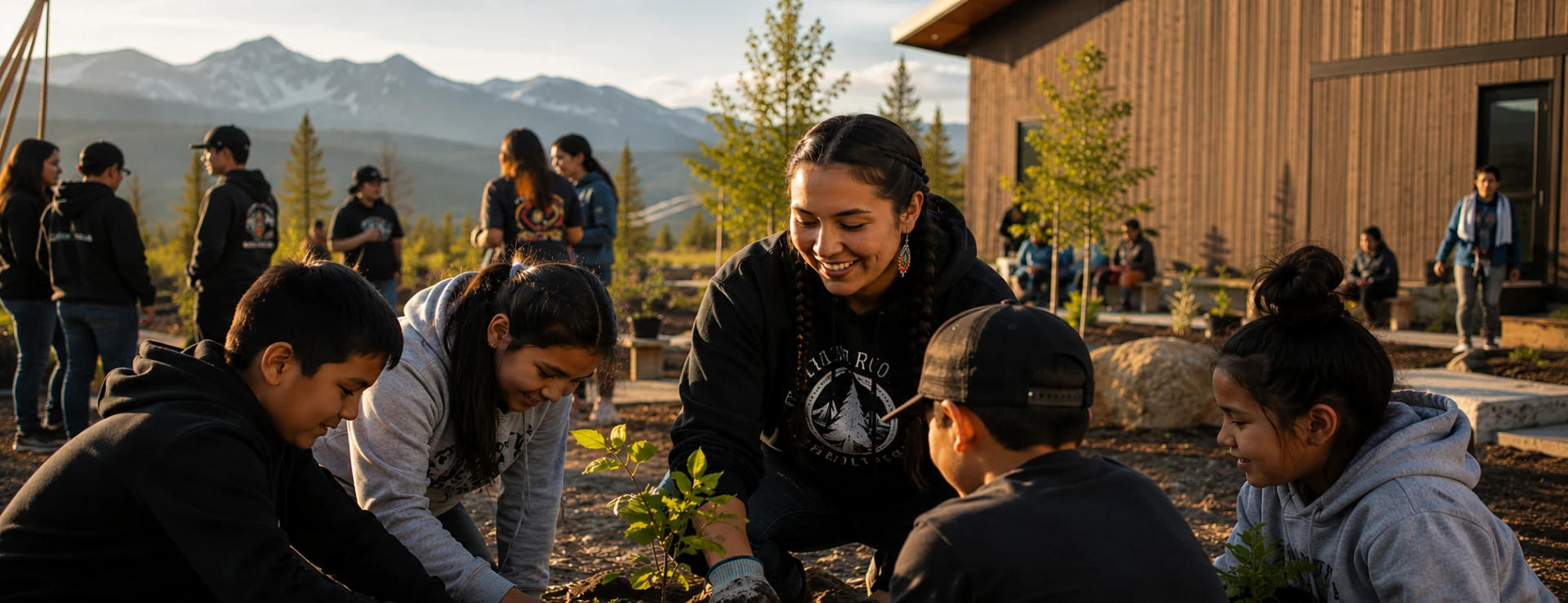 Indigenous community members planting trees together as part of Arrowhead's social impact work